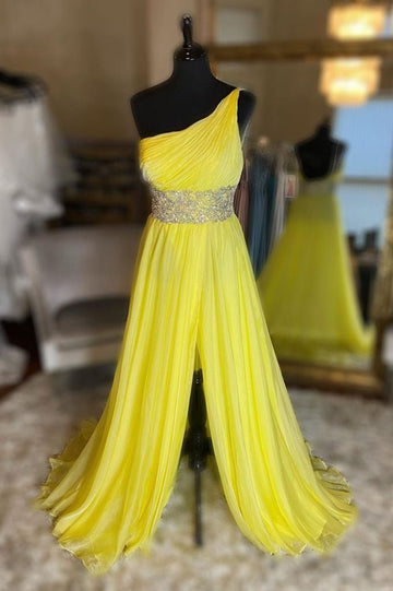 Yellow one shoulder tulle long prom dress yellow evening dress HZ1023